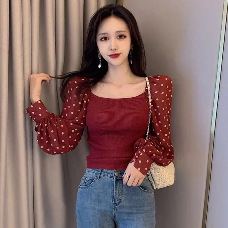 

Women Sexy Slash Neck Slim Long Sleeve Bottoming Shirt Fashion Polka Dots Patchwork T-shirt Female Lantern Sleeve Casual Tops