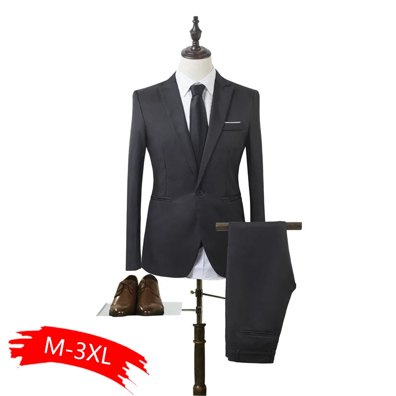 

2020 New Arrvial Spring Autumn Suit Men With Pants For Wedding Slim Button Suit Pure Color Dress Blazer Trajes Hombre Vestir