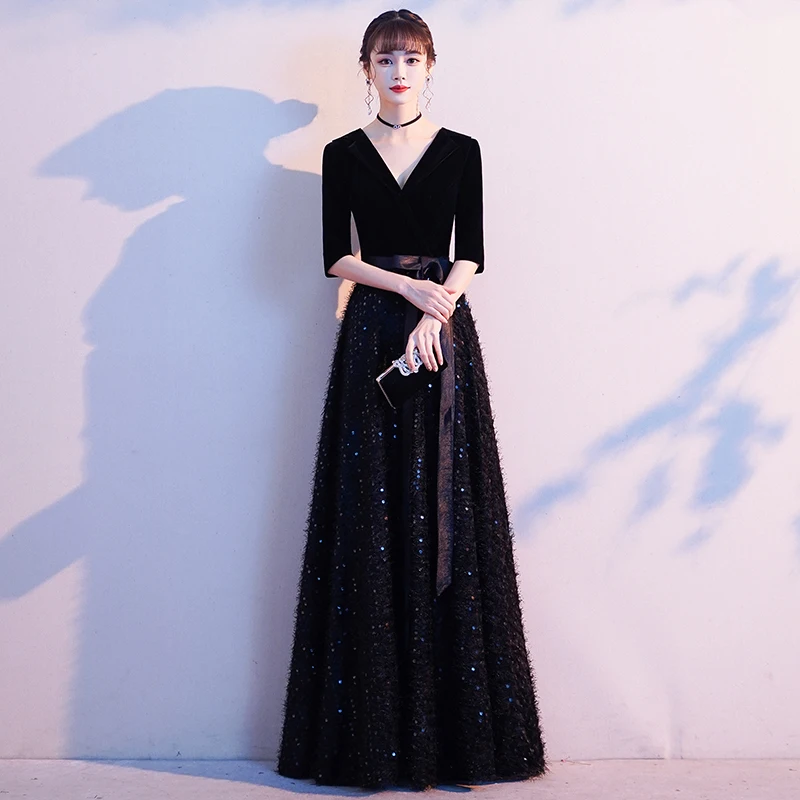 Wei yin AE0357 Платье De Soiree элегантное вечернее платье с коротким рукавом длинное торжественное платье вечернее платье Черное вечернее платье с v-образным вырезом Платья для вечеринок - Цвет: Черный