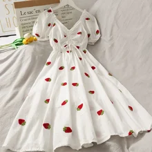 Strawberry Dress Kawaii Embroidery Puff Sleeve Dress Women Vintage A-line White Square Neck Beach Dresses 2021 Korean Clothes