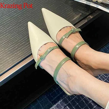 

Krazing Pot 2020 superstar genuine leather med heels pointed toe mules bowtie decoration shallow sandals women summer shoes L15