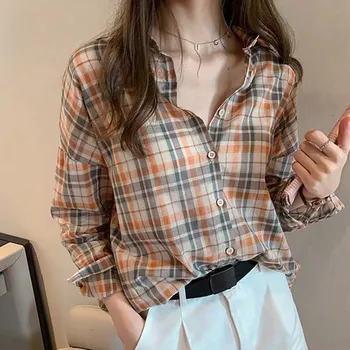 

Vintage Plaid Print Women Blouse Loose Single-breasted Autumn New Long Sleeve Lapel Shirt Elegant Female Blousese Tops