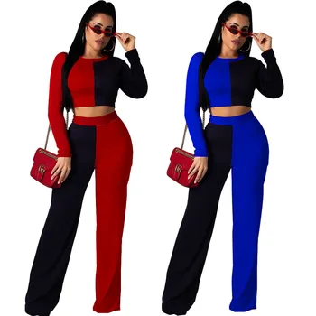 

Womens Tracksuit Set Patchwork Long Sleeve O-neck Tee Top Straight Pants Suits 2 Piece Set Women Tracksuit Casual Winter Outfits