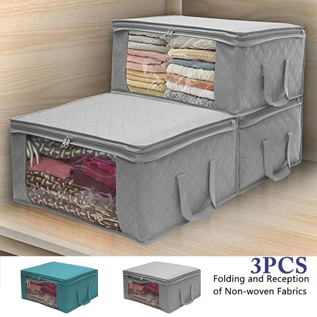 49*36*21cm 3pcs Foldable Storage Bag Clothes Blanket Quilt Closet Sweater Organizer Box Non-woven Folding Organize | Дом и сад
