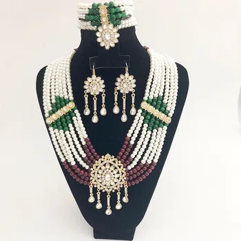 

African Bridal Golden Pearl Accessories Luxury Wedding Jewelry Handmade Necklace Earring Bracelet Ring