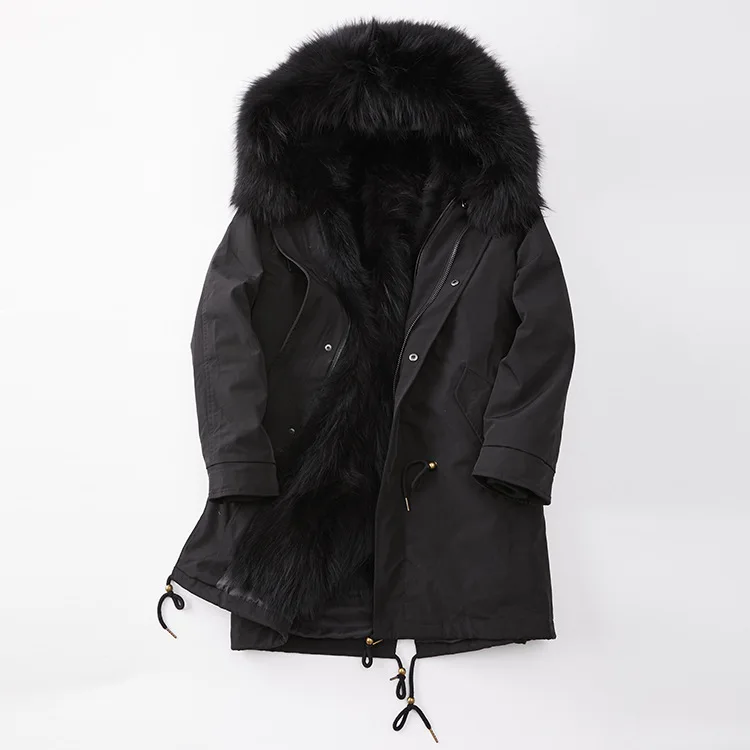 Yiwu Новое поступление парка с воротником из меха енота пальто с мехом высокого качества осеннее и зимнее теплое модное пальто - Цвет: Черный