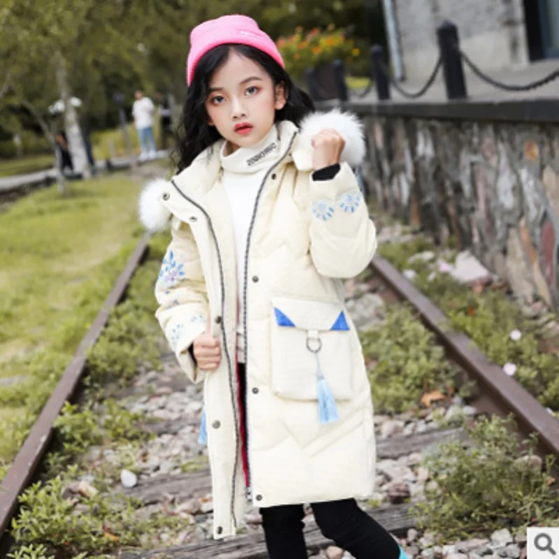 

Girls White Duck Down Coat 2019 Winter Children's Keep Warm Fur Collar Thickening Long Section 4 Patchwork Colors Size4-14 ly464