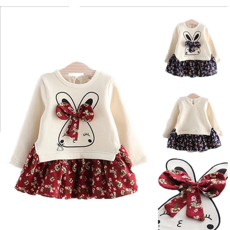 

New Baby Girls Dress For Kids Winter Warm Fashion Sweet Cartoon Bow A-line Princess Skirt With Ruffles For Children Girls Dress