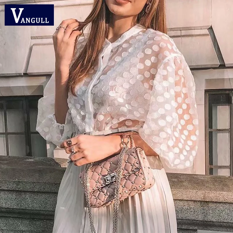 Vangull Organza Polka Dot White Shirt Women Sexy See Through Blouse Oversize Button Long Sleeve Fashion Clothes For Ladies |