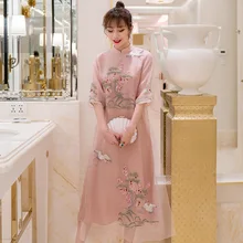 Весна и лето стиль натуральный шелк органза модное приталенное платье с вышивкой улучшенное платье Чонсам 19112