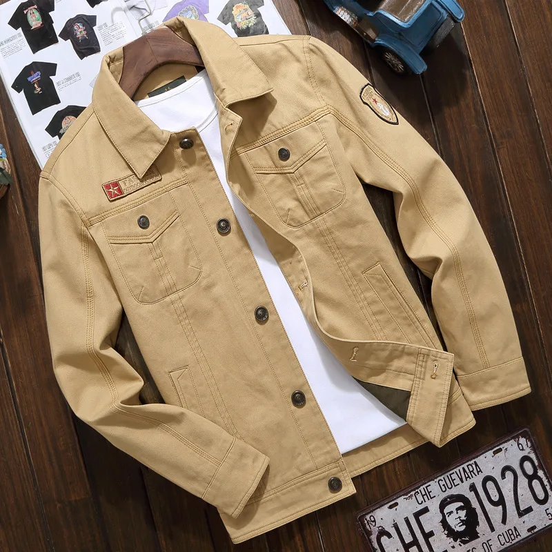 Мужская джинсовая куртка в стиле милитари Повседневная Свободная из 100% хлопка