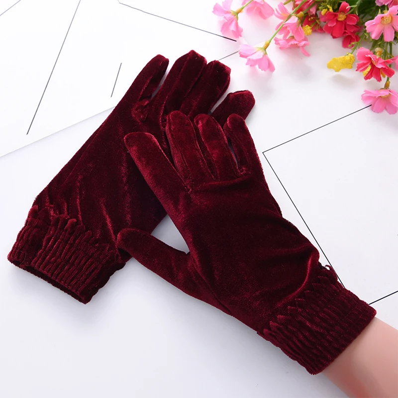 Wine red 1 пара, новинка, золотые бархатные перчатки на палец, одноцветные, Осень-зима, теплые варежки для женщин, утолщенные, модные, Элегантные Перчатки - Цвет: Wine red