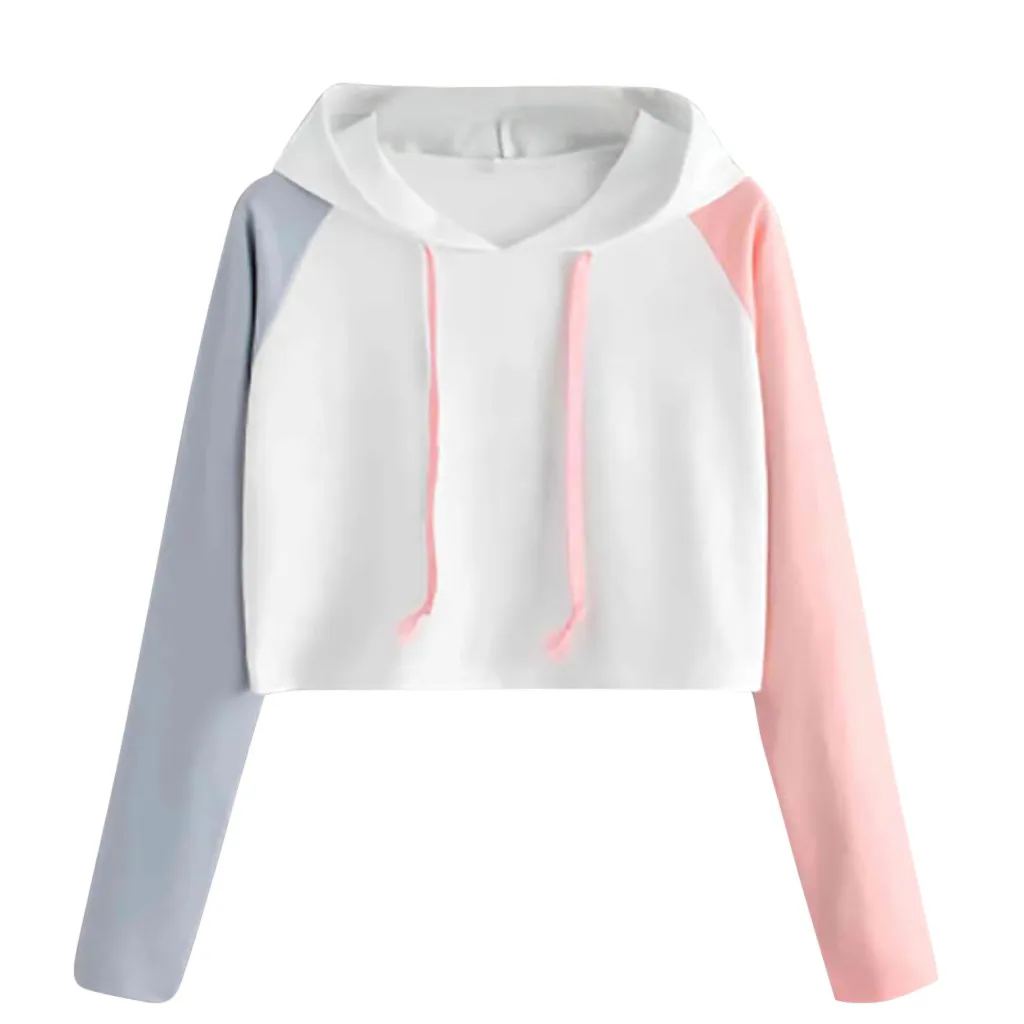 

Fashion Womens Short Hoodies 2020 Casual Patchwork Long Sleeve Short Hoody Holiday Streetwear Ladies Jacket With Hat