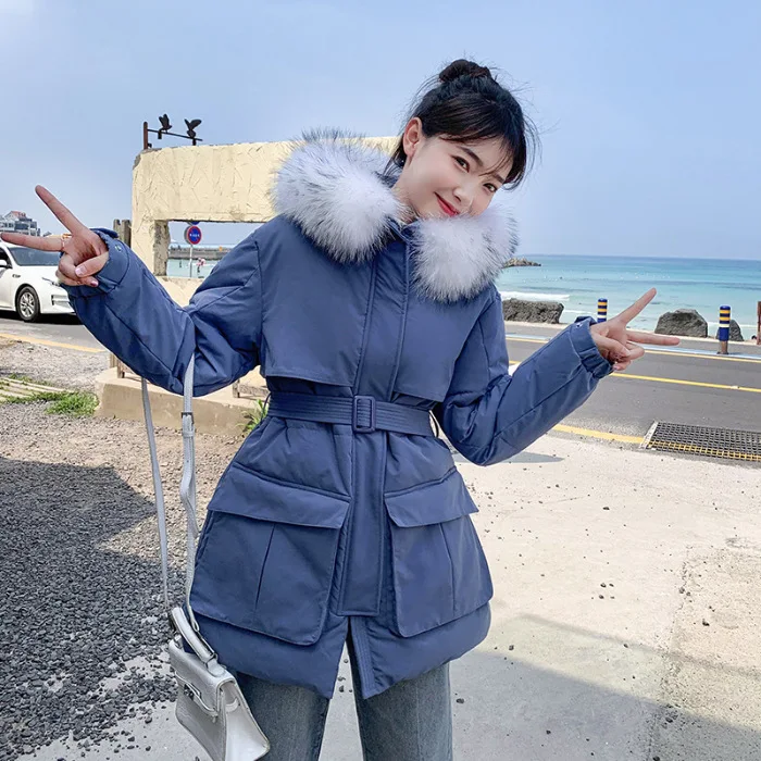 

2019 Winter New Style Mori Girl Line Column down Jacket Cotton-padded Clothes Women's Korean-style Belt Sophisticated Style Mid-