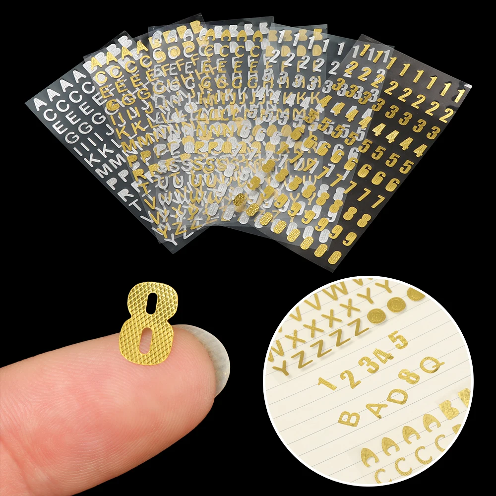 Pegatinas decorativas con número de letra dorada y plateada, 1 hoja de patrón de bronce, para álbum DIY, libro de mano, diario, pegatina, regalos