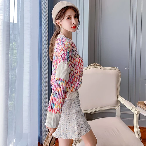 Осенне-зимние комплекты из 2 предметов, женская одежда, разноцветный клетчатый свитер+ мини-твидовая юбка, костюмы Kawaii, модные корейские комплекты из 2 предметов