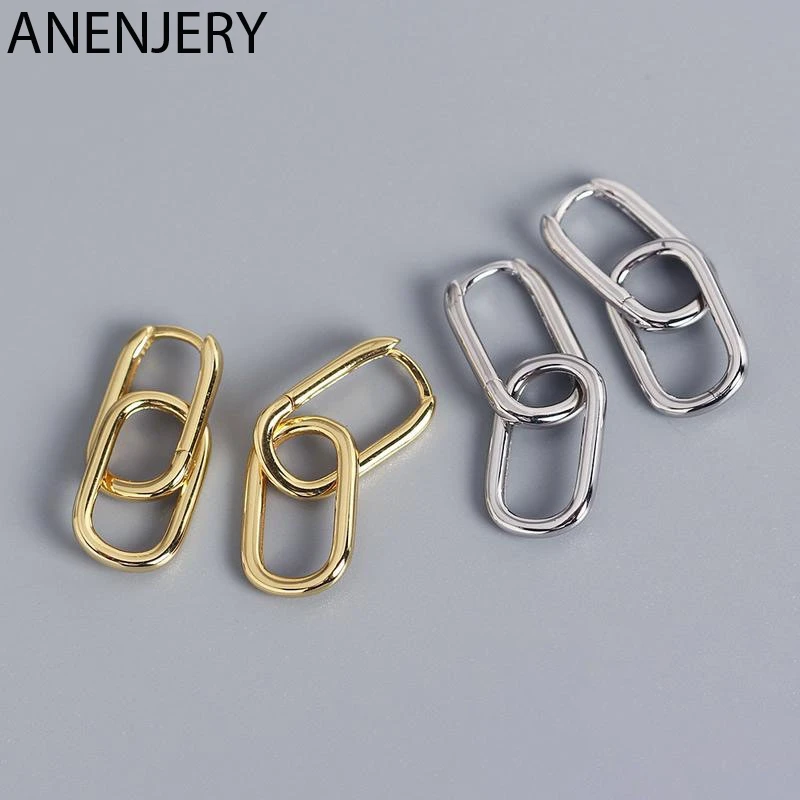 ANENJERY de Plata de Ley 925 Plata geométrica Oval aro pendientes para las mujeres Simple de Metal de estilo desmontable pendientes para las mujeres S-E1412