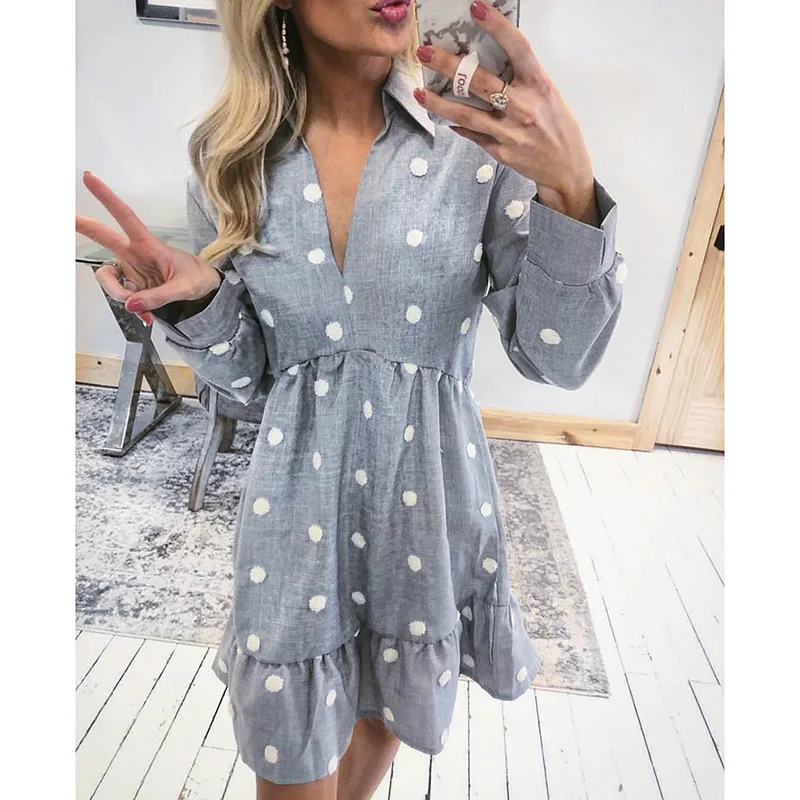 

Women Autumn Sexy V Neck Long Sleeve Printed Polka Dot Casual Slim Dress Ladies Elegant Harajuku Fashion Ruffles Dress SJ4059M