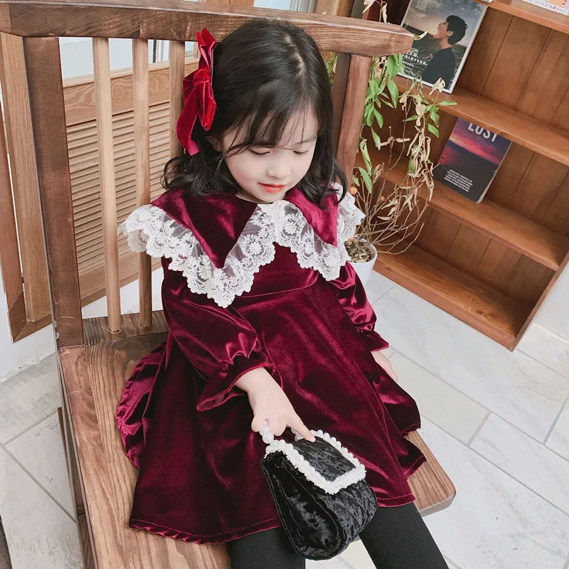 Winter Toddler Girls Dress Korean Princess Costume New Fashion Lace Turn Down Collar Plus Velvet Party Dress 1-7Yrs Kids Clothes - Цвет: Red Wine