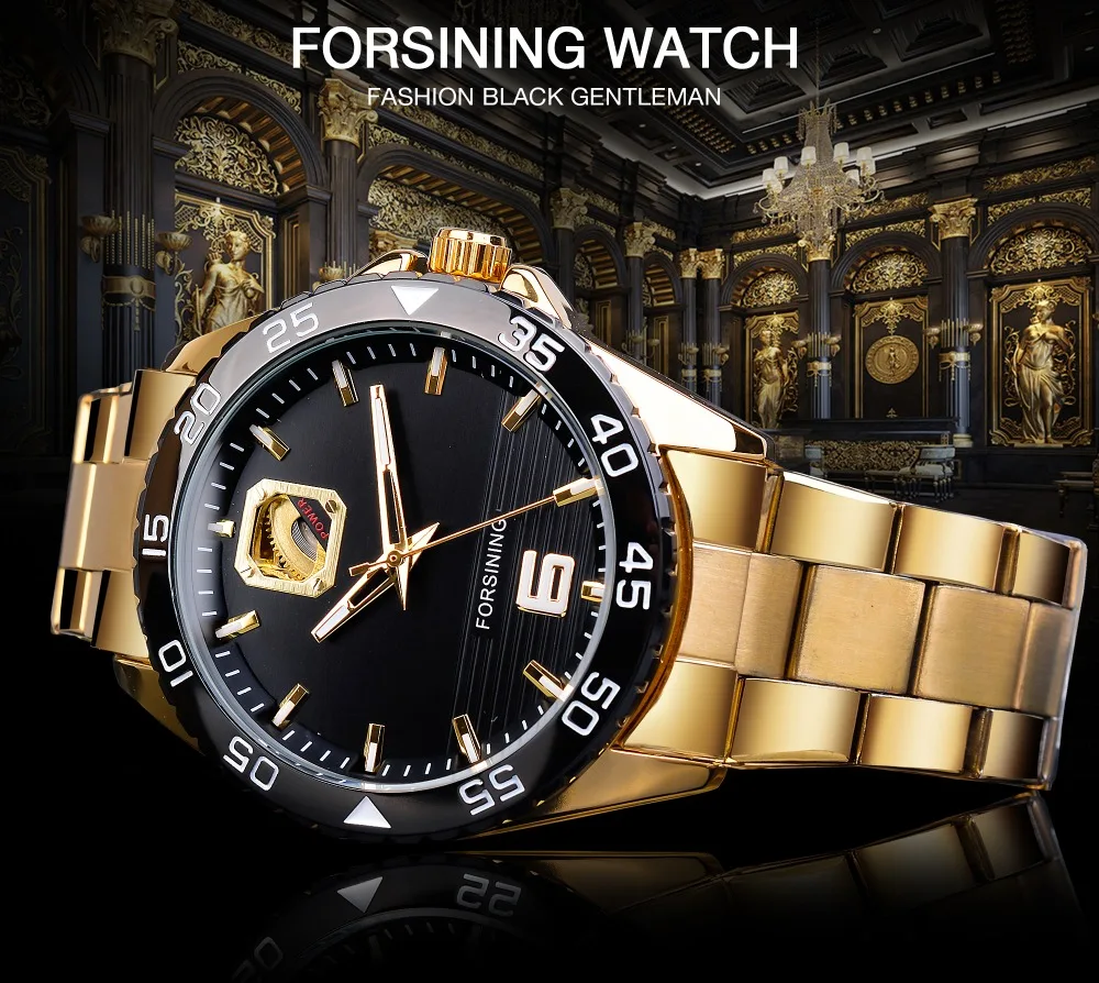 Forsining Лидирующий бренд Роскошные мужские часы Механические золотые из нержавеющей стали водонепроницаемые светящиеся ручные деловые автоматические мужские часы
