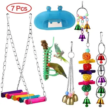 

7 Pcs Bird Bath Swing Hanging Parrot Stand Toys with Bells Chewing String Color Parrot Swing Toys