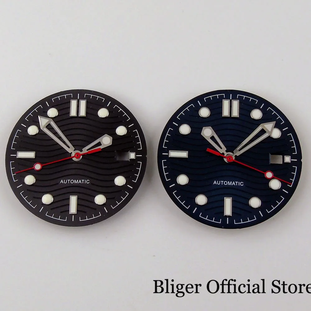 

Nologo 31mm Black White Blue Watch Dial Wave Patterns Wristwatch Hand for NH35 Date Display Stainless Steel