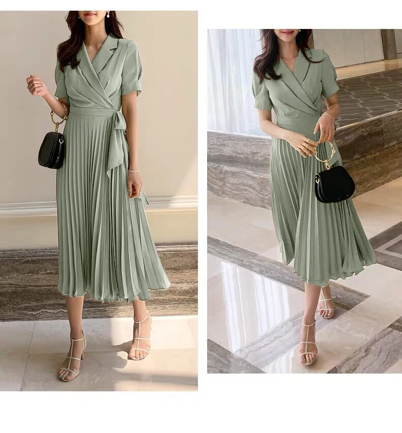 Korean Short Sleeve Pleated Women Dress Office Ladies Lace Up Notched Blazer Dress Adjustable waist Midi Dress 2020 Summer New
