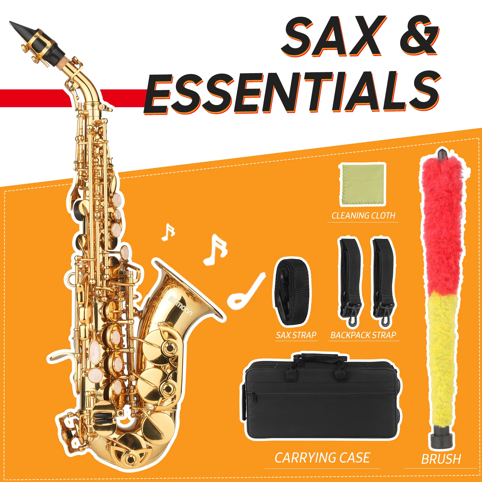 Ammoon Bb Sopran Saxophon Gold Lack Messing Sax mit Instrument Fall Mundstück Neck Strap Reinigung Tuch Pinsel für Musiker