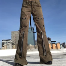 Sunny y.j. Streetwear Cargo Pants Pockets Hip Hop Straps Wide Leg Trousers Zipper Grunge Goth Denim Baggy Pants Fairycore Brown