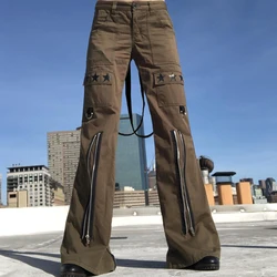 Sunny y.j. Pantalon Cargo à poches style Streetwear Hip Hop, pantalon à jambes larges, fermeture éclair, Baggy en Denim Grunge, avec bretelles, marron 
