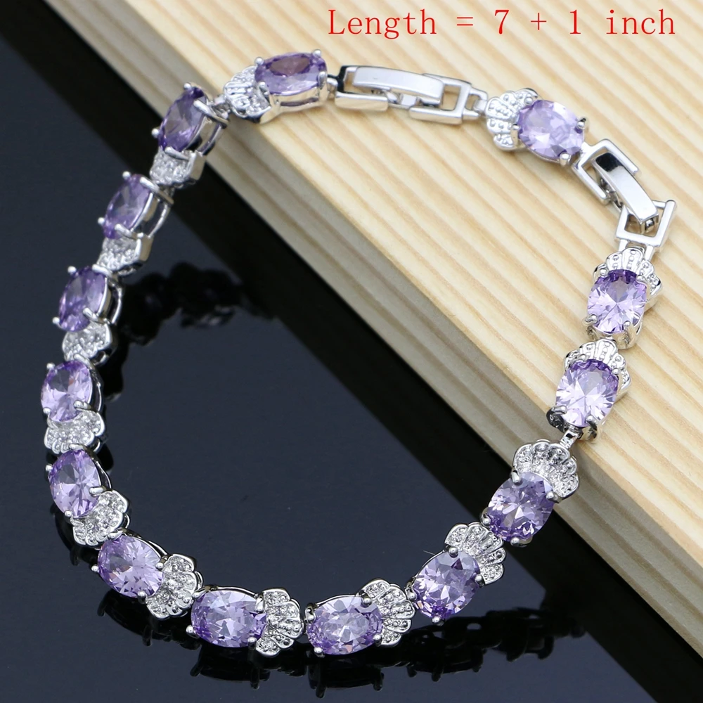 Classic Purple Cubic Zirconia White Crystal 925 Sterling Silver Jewelry Sets For Women EarringsPendantNecklaceRingsBracelet (6)