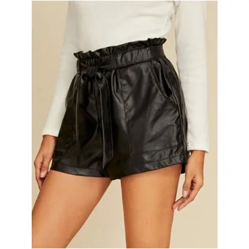 

PU Leather Wide-legged Shorts Autumn Winter Women Fashion High Waist PU Ruffled Shorts Girls A-line Faux Leather Shorts Bottoms