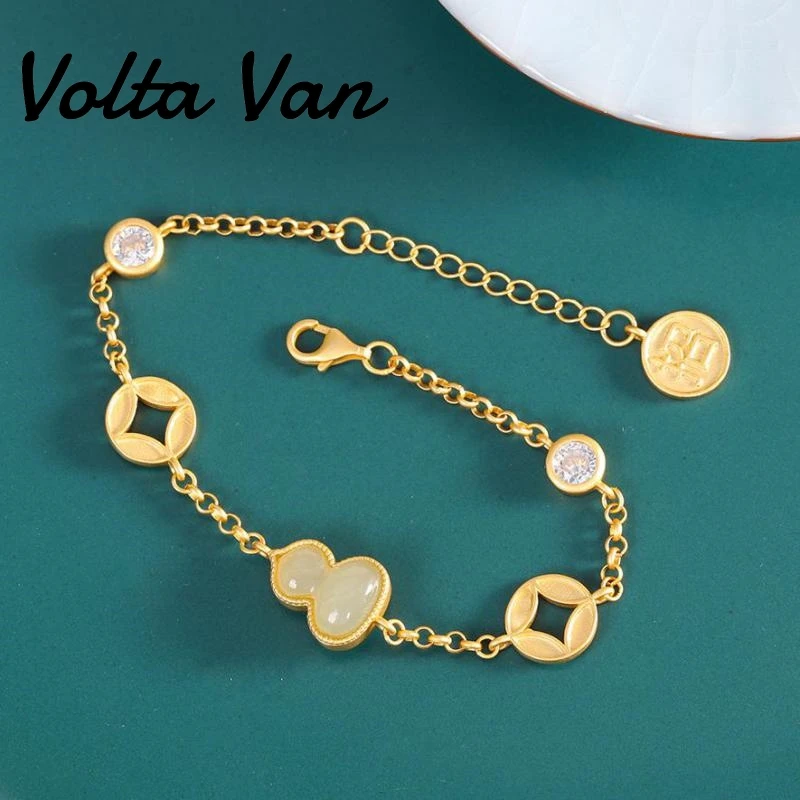 

Volta Van Women Charm Bracelets 925 Sterling Silver Natural Jade Elegant Fine Jewelry 2022 New Trendy Gourd Concise Bracelet