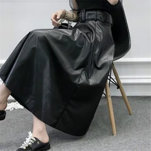 Длинная черная кожаная юбка с высокой талией, Готическая панк плиссированная юбка-комбинезон, Женская Корейская винтажная макси юбка с поясом, зима