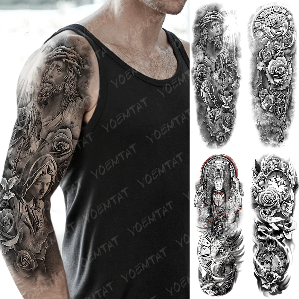 Large Arm Sleeve Tattoo Angel Prayer Waterproof Temporary Tatto Sticker Rose Peace Body Art Full Fake Tatoo Women Men Temporary Tattoos Aliexpress