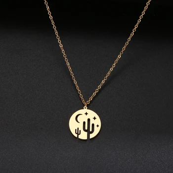 

Simple Star & Moon Cactus Pendant Necklace For Women New Bijoux Maxi Statement Necklaces Collier Fashion Stainless Steel Jewelry