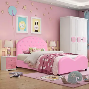 

Costway Kids Children PU Upholstered Platform Wooden Princess Bed Bedroom Furniture Pink