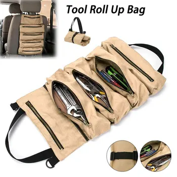 

Tool Roll Up Bag Khaki Multi-Purpose Strong Wrench Pouch Hanging Tool Substantial Pocket Zipper Carrier Tote Storage Accessories