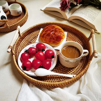 

Round Rattan Storage Tray Basket with Handle Hand-Woven Bread Fruit Food Dessert Plate Breakfast Display Holder Drop Shipping