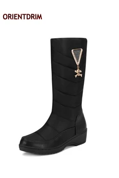 

Black Down cloth High boots Womens Waterproof warm snow boots Skull pendant round toe platform shoes womans 2020 NEW 36-44