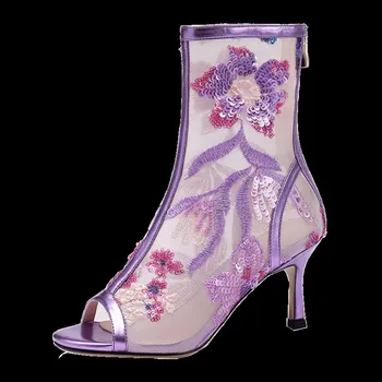

US4-11 Womens Ankle Boots Mesh Embroidery Floral Stilettos High Heel Shoes Sequins Bling Peep Toe Breathable Summer