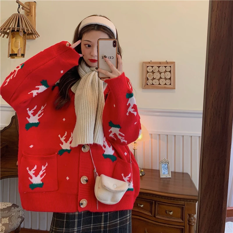 

Cartoon Christmas Cardigans Women Sweet Sweater Single Breasted Sweater Autumn Winter Casual Female Fashion Knitwear Tops