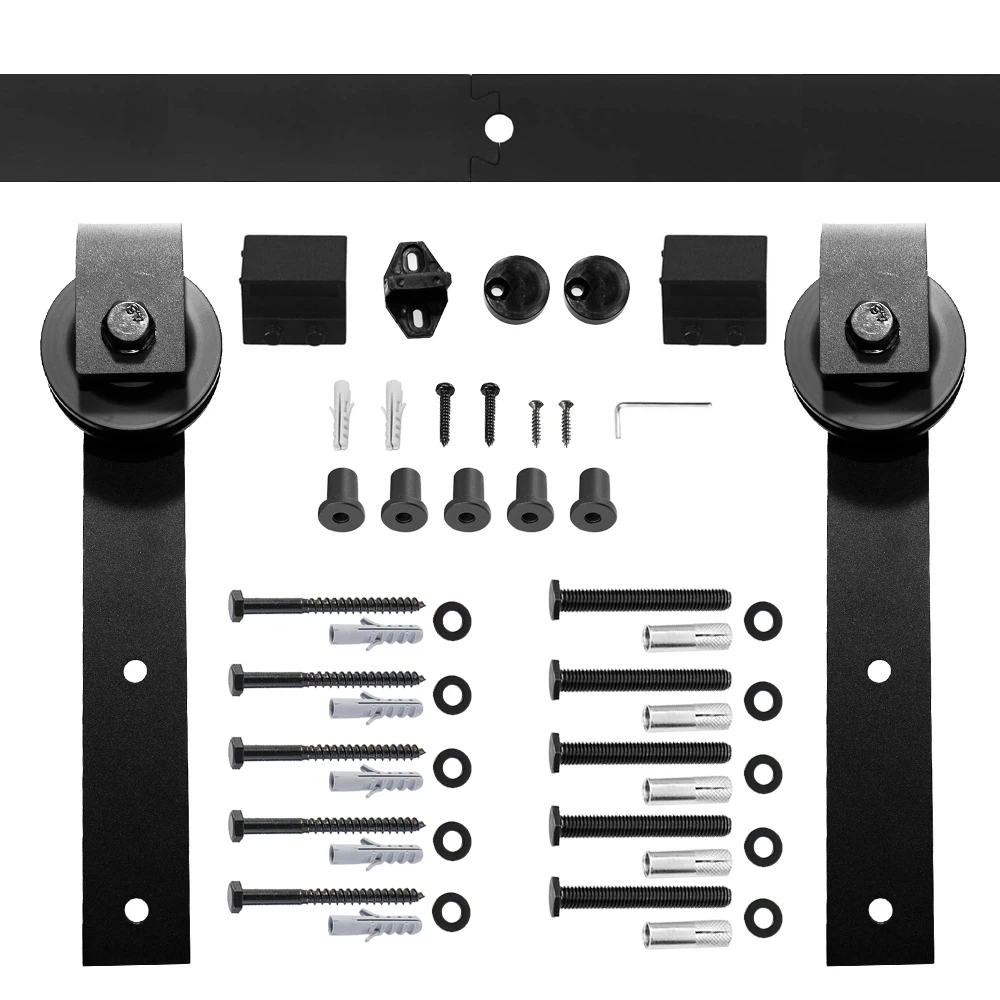 KIT HERRAJE PUERTA CORREDERA RUSTICA PARA 2 HOJAS 3 MTS+4 RUEDAS NEGRO 41149