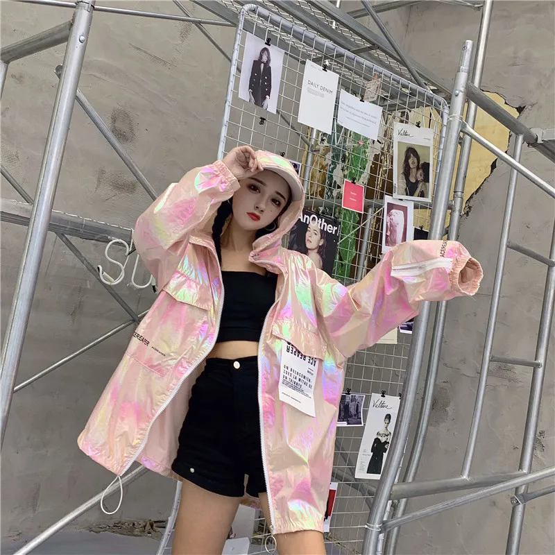Свободное пальто Harajuku, ветровка, куртки, осенняя голографическая туника, базовая Женская куртка, Солнцезащитная одежда