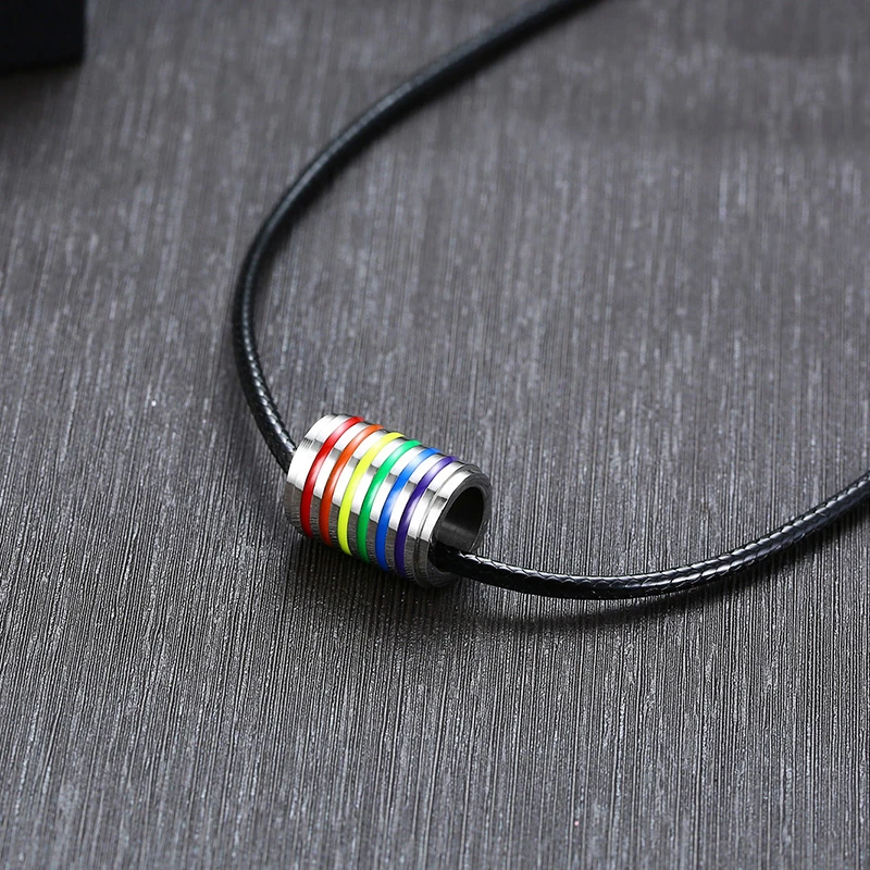 

Mens Rainbow Pendant Stainless Steel Fashion LGBT Gay Pride Necklace Leather Chains Adjustable 24inch To 25.6inch