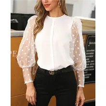 Meihuida Осенняя женская сексуальная прозрачная сетчатая блуза в горошек с длинными пышными рукавами и круглым вырезом, элегантные офисные рубашки для девушек