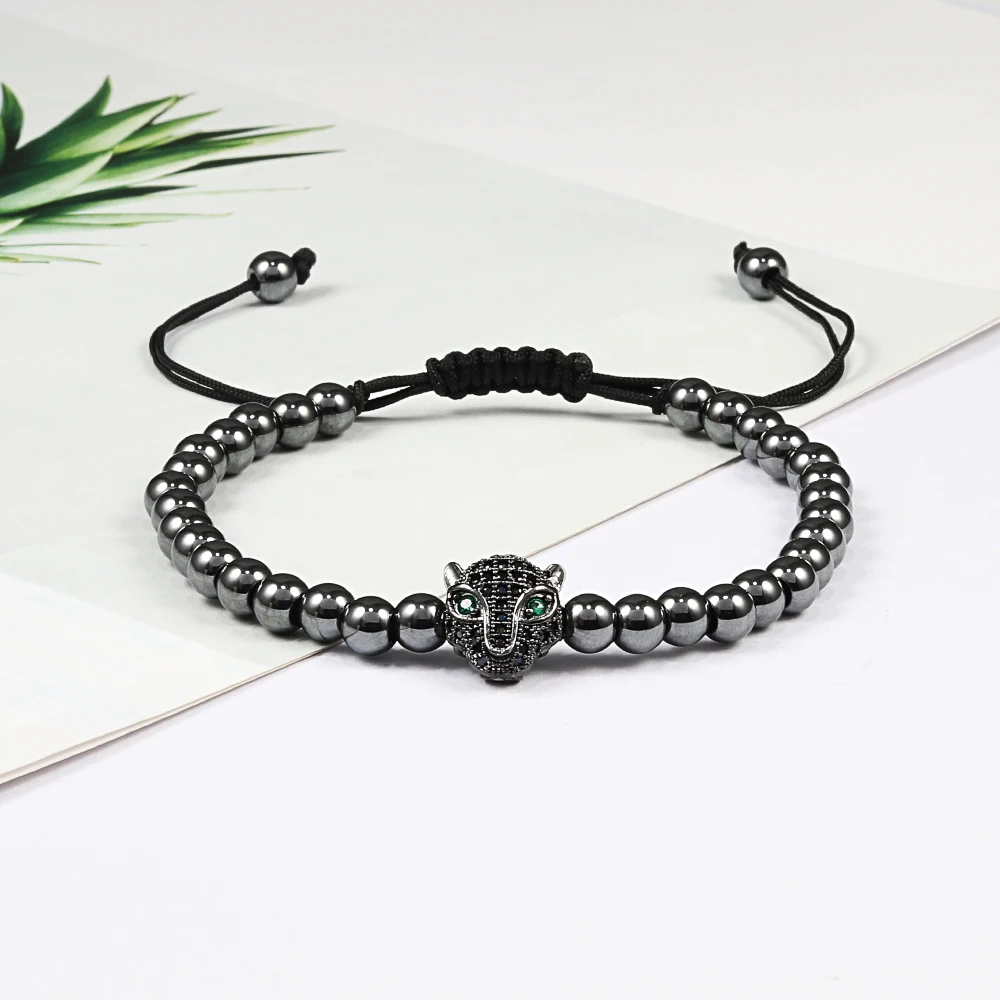Adjustable Gold Color Micro Pave Bracelets Crystal Copper Ball Beads Leopard head Bracelet Handmade Weave Macrame Male Jewelry