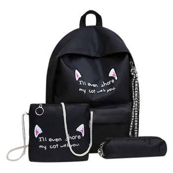 

3pcs/set Women Girls School Solid Casual Large Capacity Cat Print Backpacks Shoulder Travel Bags Rucksack Canvas Bags Mochila