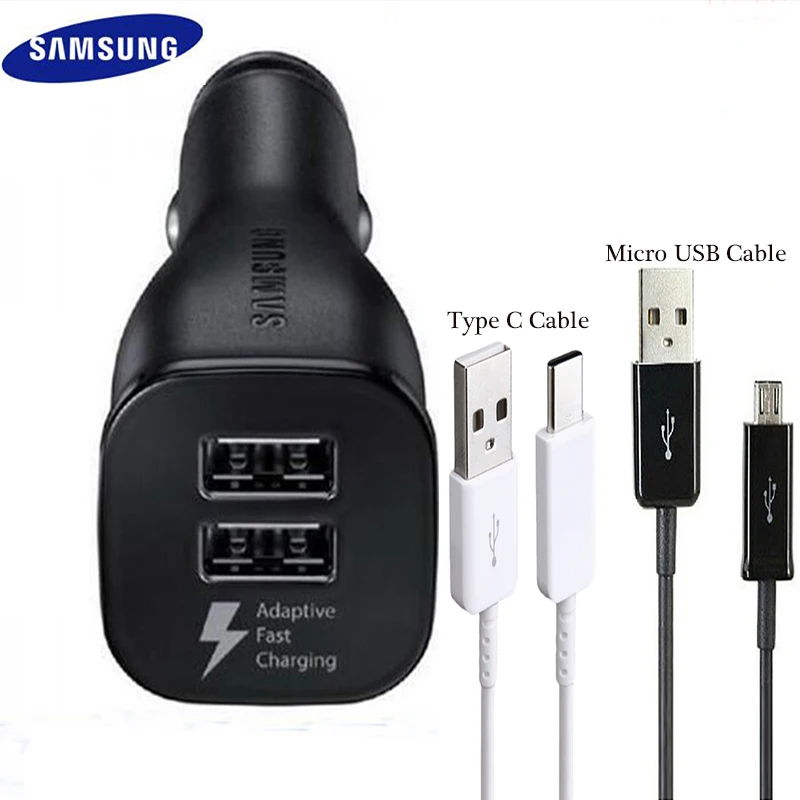 samsung Автомобильное зарядное устройство двойной USB адаптивный Быстрый адаптер Micro/type C Быстрый кабель для передачи данных для Galaxy S6 S7 S8 S9 Plus Note 4 8 9