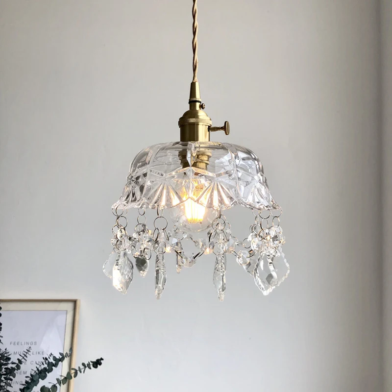 Retro brass glass small pendant light Simple modern bedside balcony crystal aisle hallway corridor lamp | Лампы и освещение